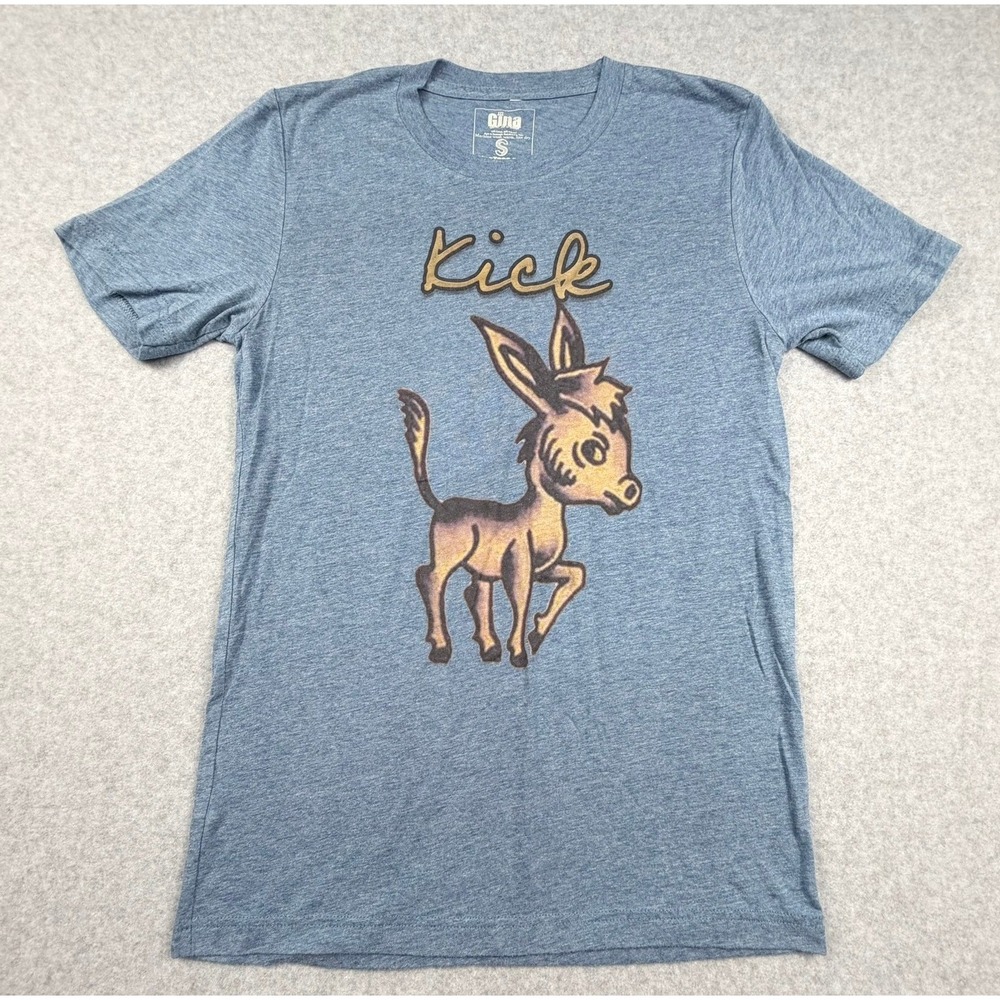 Gina Tees Kick Donkey Graphic T-Shirt Blue Heathered Short Sleeve Small